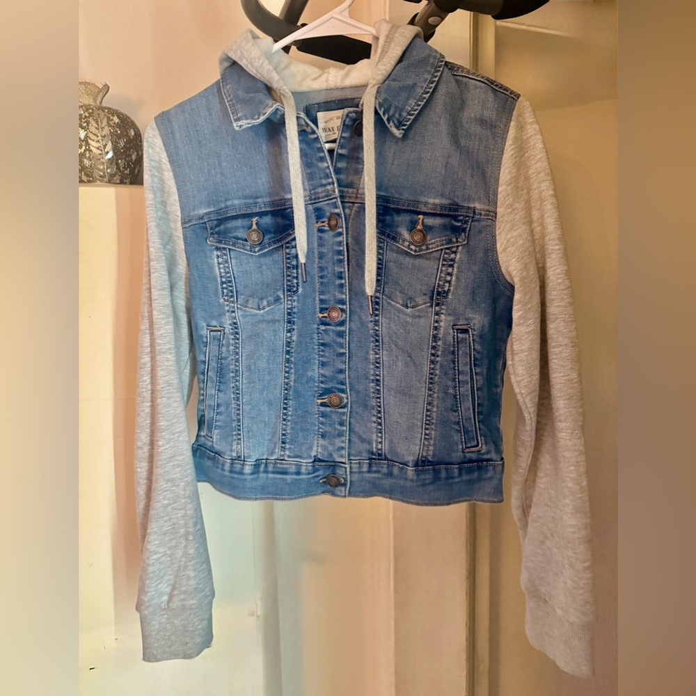Girl Denim Jacket with Gray Hoodie Sleeves Teenager Size 12 - 16